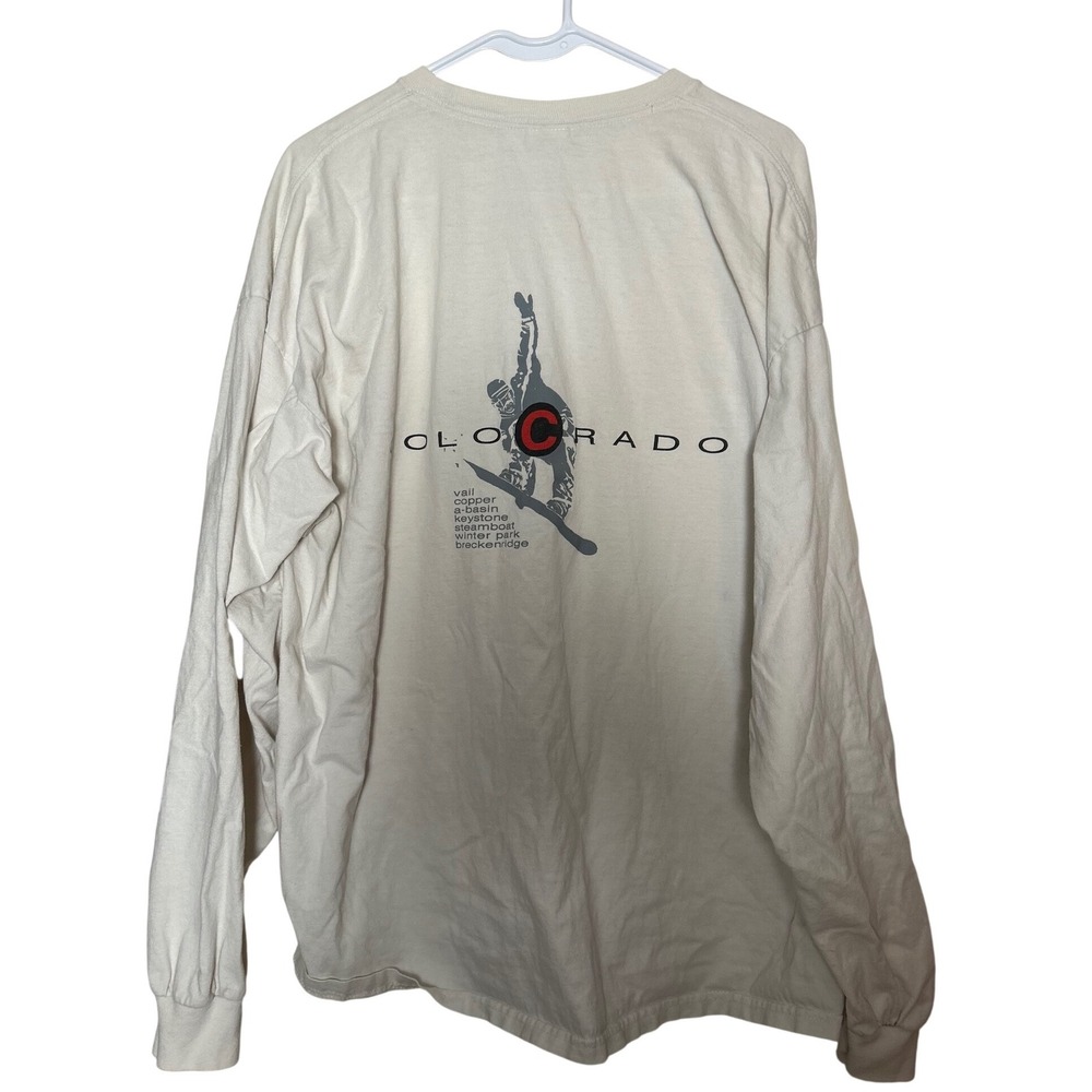 VTG Y2K Colorado Snowboarding‎ Long Sleeve Graphic T-Shirt Cream 2XL *STAINS